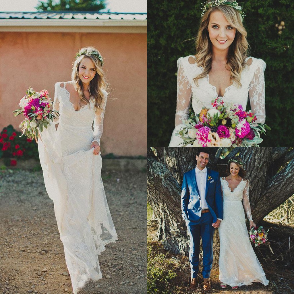 

Sexy Sheath Backless Boho Wedding Dresses Vintage Lace Long Sleeves Bohemian Wedding Gowns Custom Made, Ivory