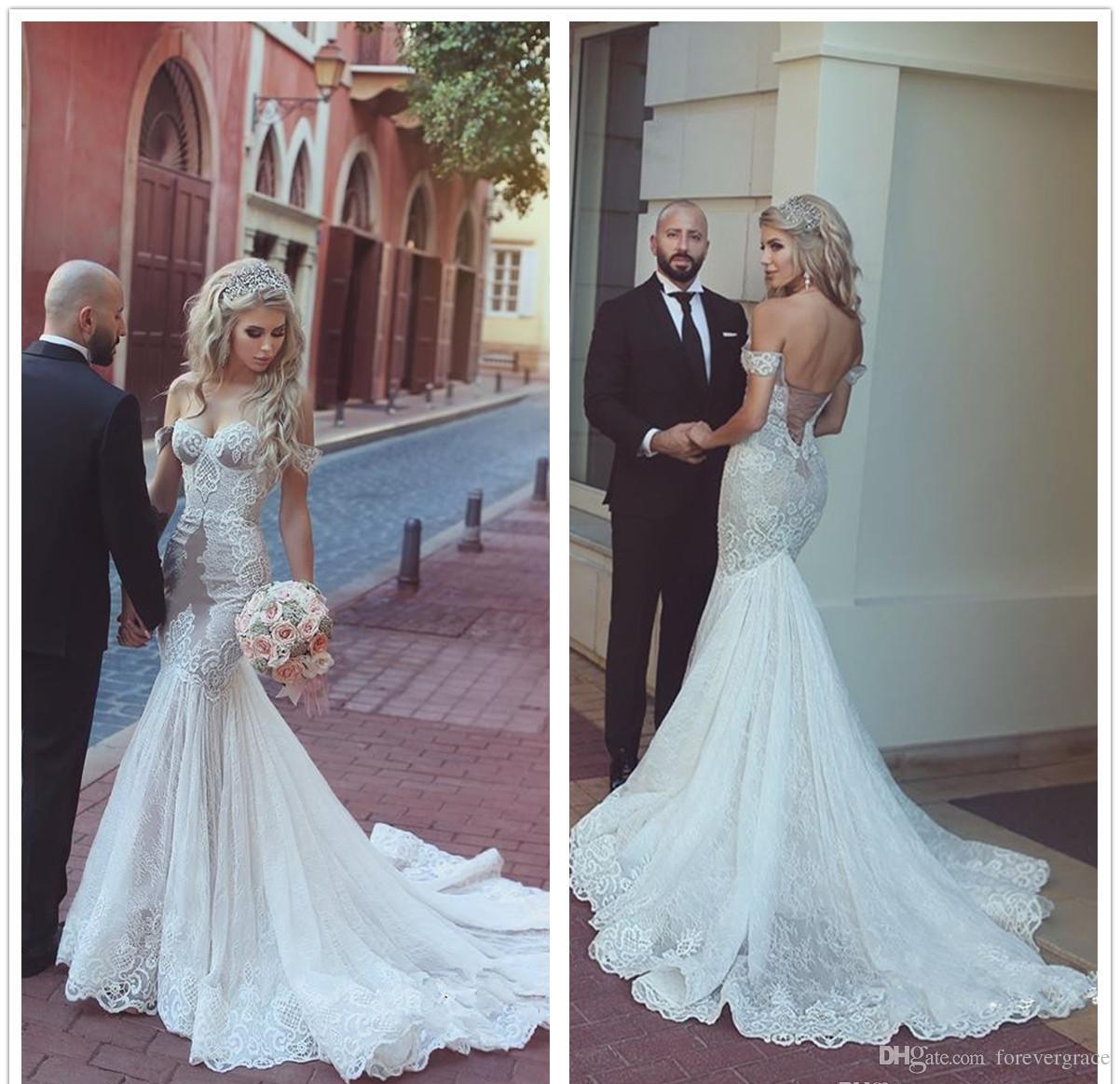 

2019 Mermaid Illusion Wedding Dress Lace Off Shoulders Long Backless Church Garden Bride Bridal Gown Custom Made Plus Size, Black