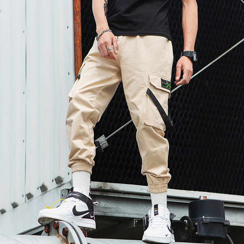 

Slim Casual Men Cargo Pants Ribbons Side-Pockets Camouflage Trousers Harajuku Style Fashion Streetwear Pencil Pants, Desert camouflage