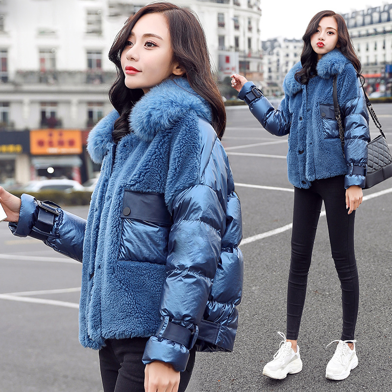 

Fashion Fox Fur Collar Feather Jacket woman Winter Coat New Patchwork Lamb Wool 90% White Duck Down Coat Women Jacket, Black