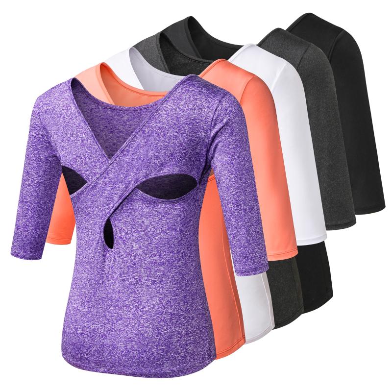 

EC.MS Yoga Tops Activewear Running Workouts T-Shirt Cross Back Mid Sleeves Sports Shirts Breathable Quick Dry Women Yoga Shirt, Black