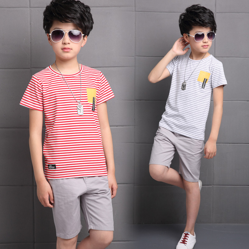 

2020 New Summer Children's Clothing Set For Boys Cotton Clothing Set T-shit Shorts 2 Pieces Sports Suit Kids Striped Clothes, Black