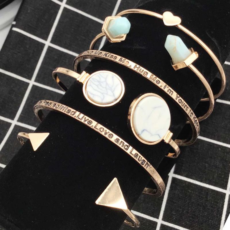 

Bangle Bohemia Heart Triangle Resin Letter Charm Opening Bracelets Set Gold Color Alloy Jewelry For Women
