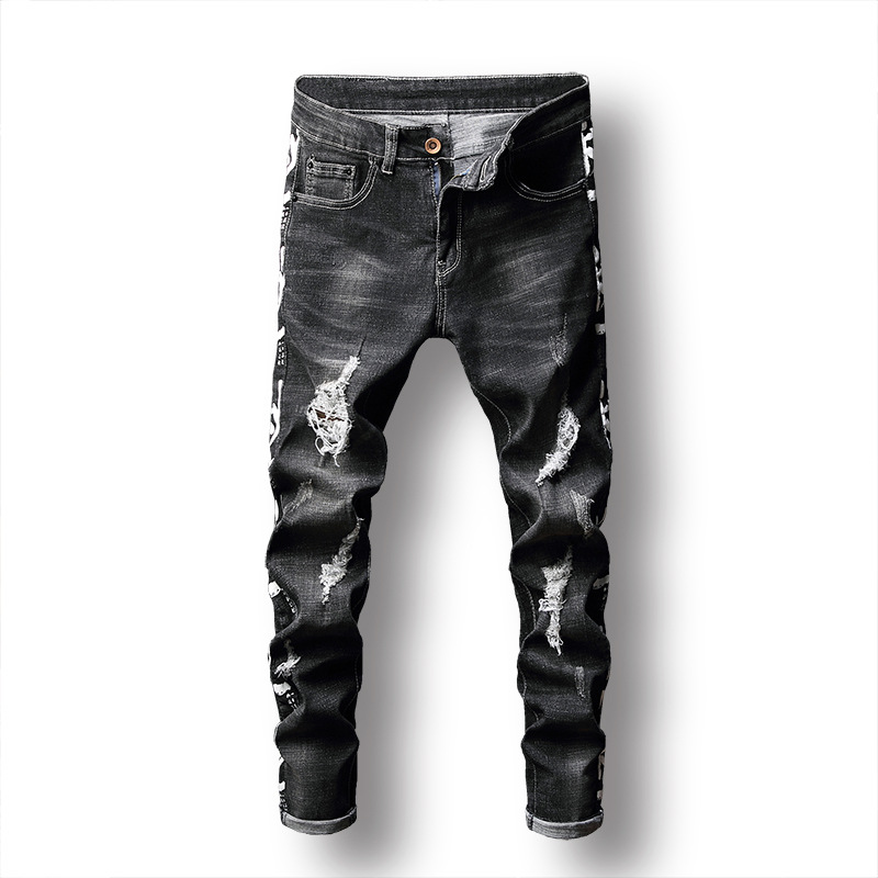

Autumn Winter Men Jeans Retro Hole Pleated Men Denim Jeans Bleached Washed Distressed Vintage Cowboy Straight Cuffs, Black