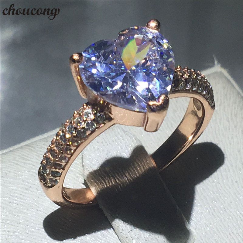 

choucong Heart shape Ring 3ct Diamond Rose Gold Filled 925 Silver Engagement Wedding Band Rings for women men Jewelry