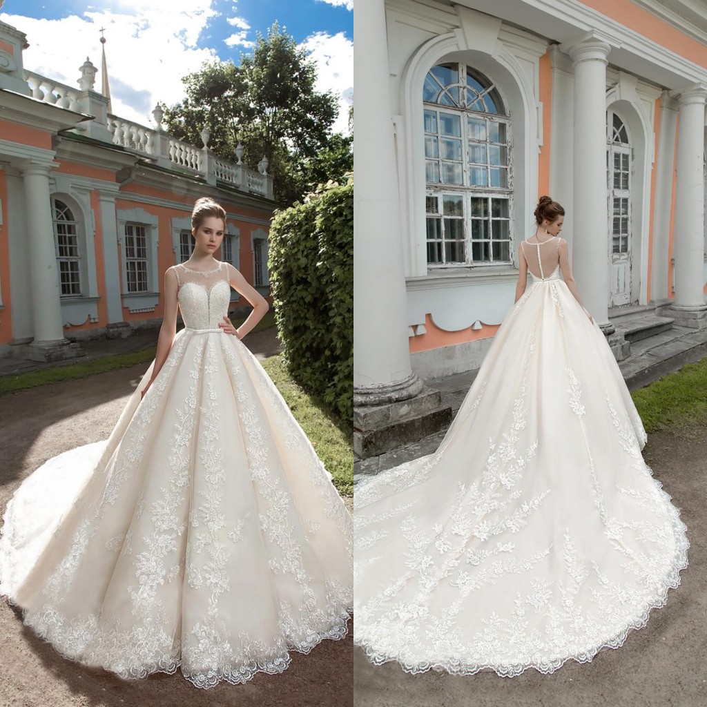 

2020 Elegant Wedding Dresses Jewel Sleeveless Lace Appliques Bridal Gowns Button Back Sweep Train A Line Wedding Dress Robe De Mariee, Same as image
