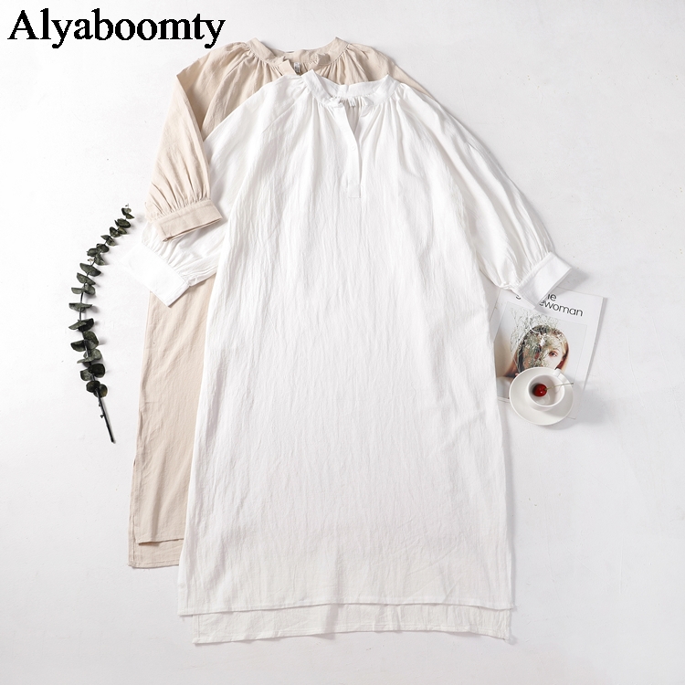 

Korean Style Ulzzang Spring Autumn Women Shirt Dress Apricot Vintage Oversized Casual Vestidos Lantern Sleeve Cotton Linen Dress, White
