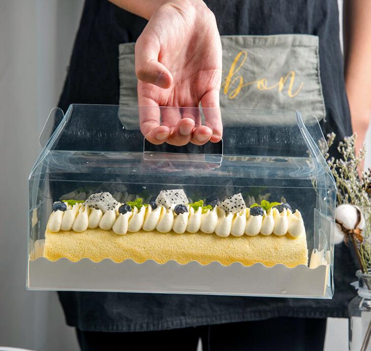 

Transparent Cake Roll Packaging Box with Handle Eco-friendly Clear Plastic Cheese Cake Box Baking Swiss Roll LX1031