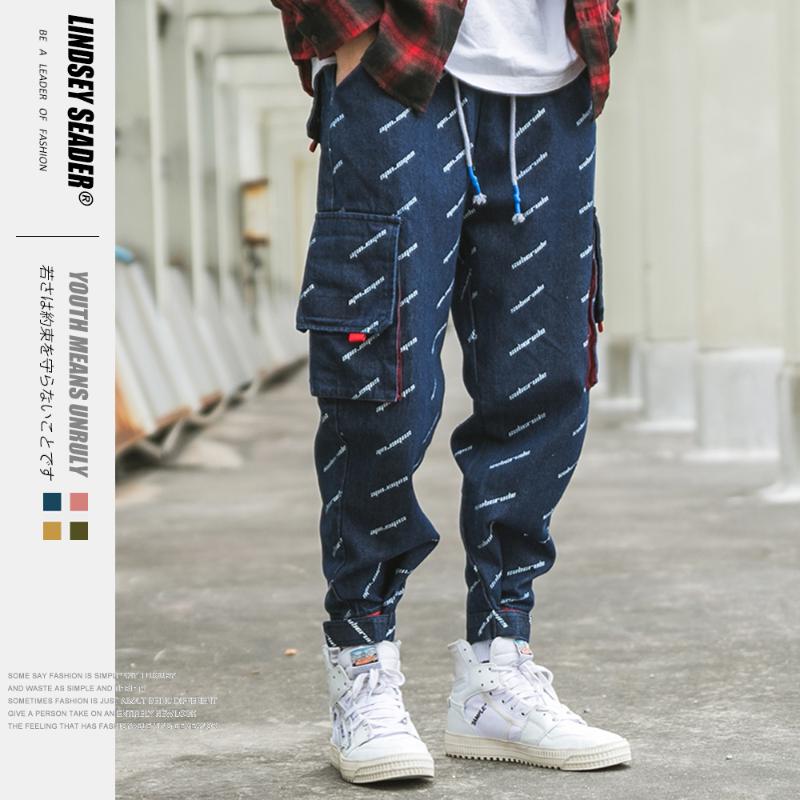 

Lindsey Seader Hiphop Denim Cargo Pants Jeans Pockets Men Harajuku Streetwear Joggers Pant Jeans Letters Pants Harem Trousers, Blue