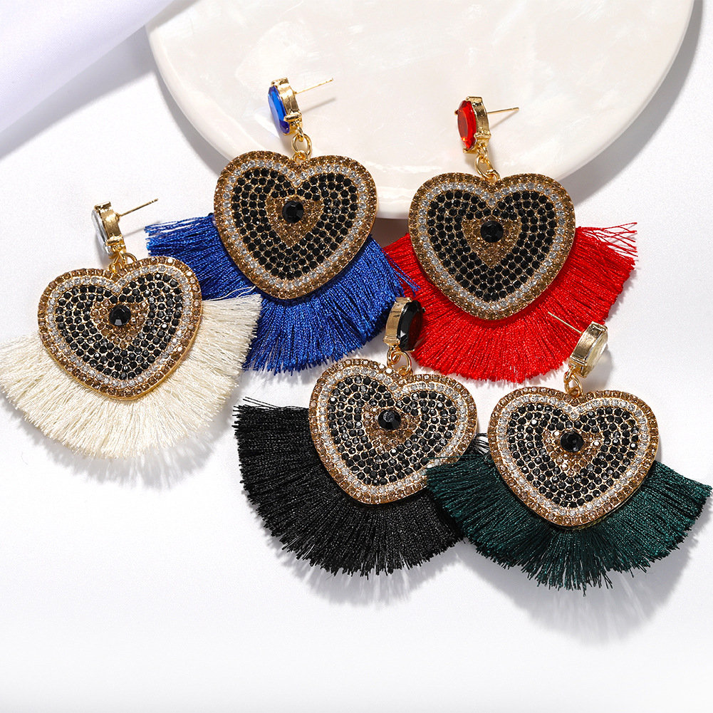 

Wholesale-fashion luxury designer exaggerated glittering diamond crystal very cute lovely heart tassel stud earrings for women girls