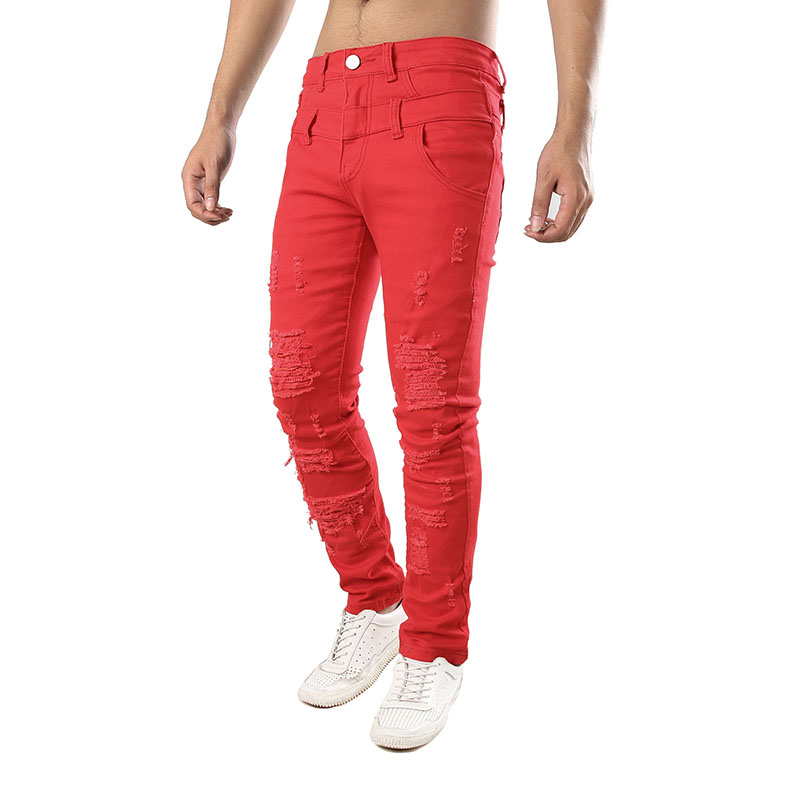

Mens Casual jeans Slim denim Knee Hole pants Ripped Scratched Two Waist Fashion high quality, T-7032 red
