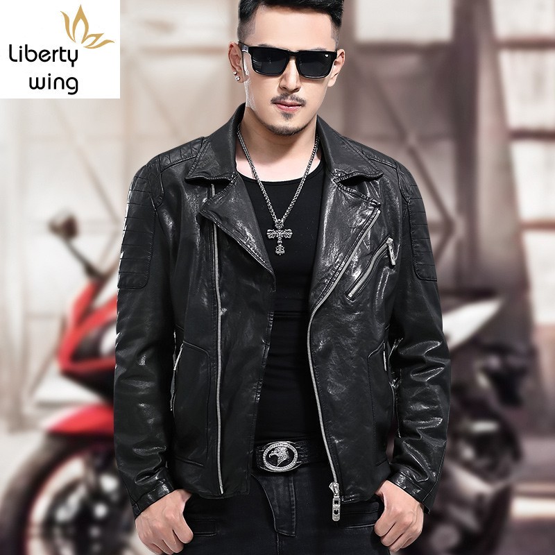 

High Quality Mens Genuine Leather Sheepskin Jackets Motorcycle Fashion Long Sleeve Zippers Lapel Slim Fit Male Outerwear Coats, Black