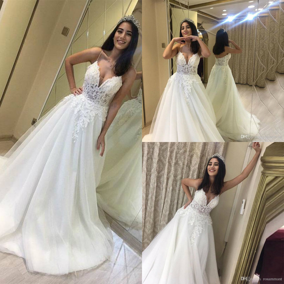 

Cheap 2019 Beach Wedding Dresses Spaghetti Straps Sleeveless Long Custom Made Boho Wedding Dress Appliques Lace Beads Illusion Bridal Gowns, Ivory