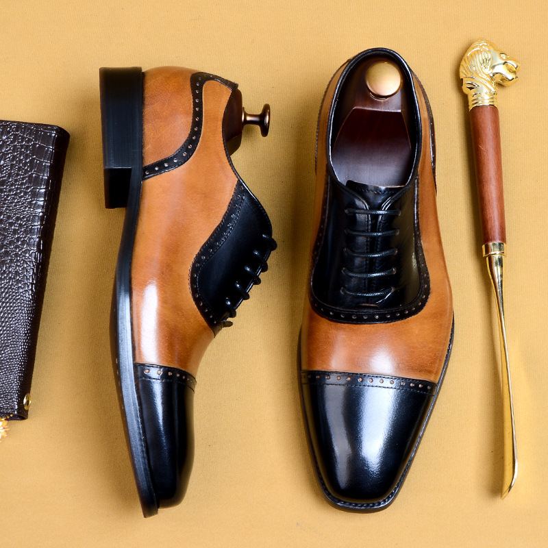 

Brogues Men's Business Shoes British Lace Genuine Leather Dress Shoes Fashion Etiquette Wedding Male, Black and orange