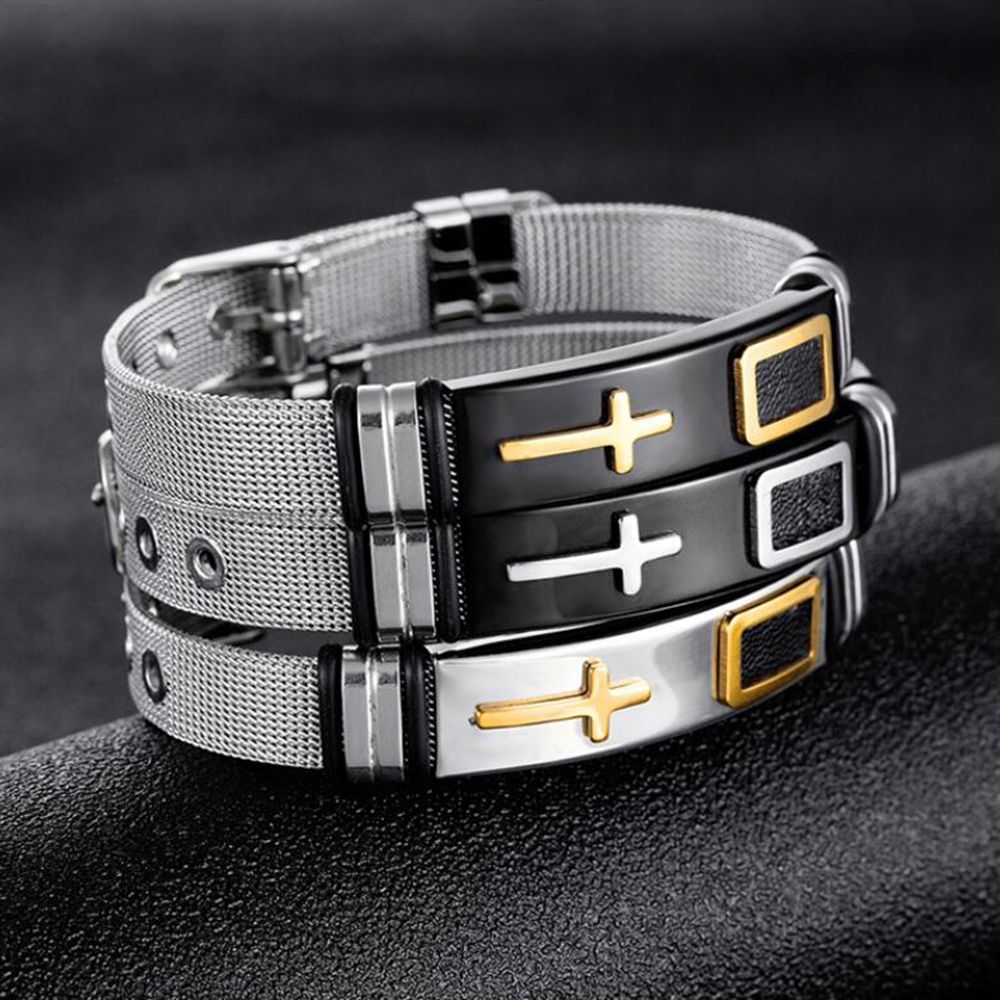 New Style Men Cross Cuff Bangle Stainless Steel Jewelry Adjustable Buckle Bangle Bracelets Wristband Birthday Xmas Gift for Boyfriend Dad-image-403736317