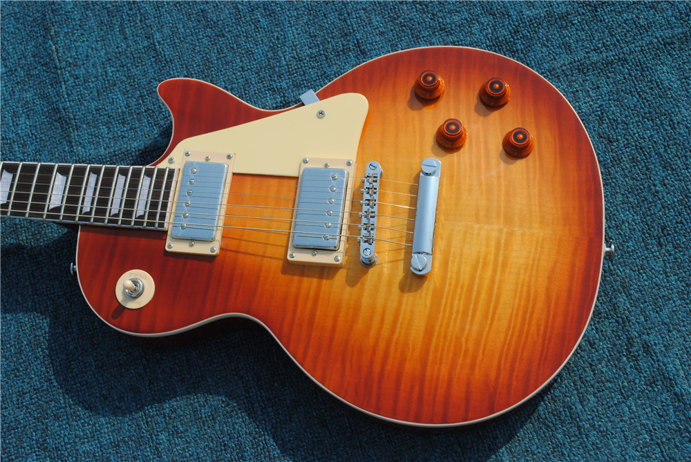 High quality specification 6 string electric guitar, solid mahogany body, yellow maple top, chrome plated hardware, free delivery!