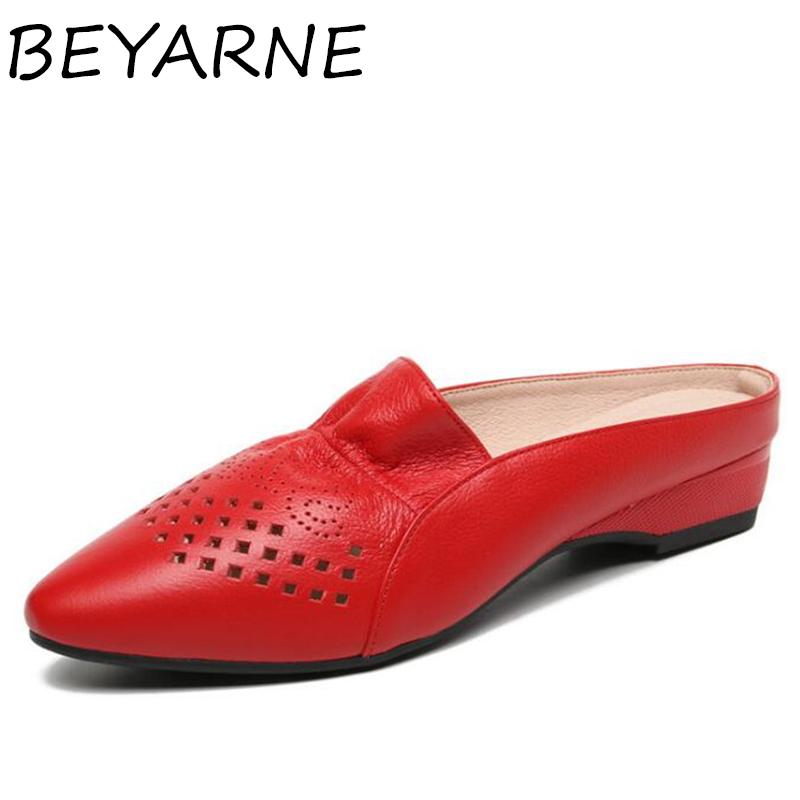 

BEYARNE High soft cowhide hollow leather sandals 2020 summer fashion sandals comfort practical low heel pointy women, Beige