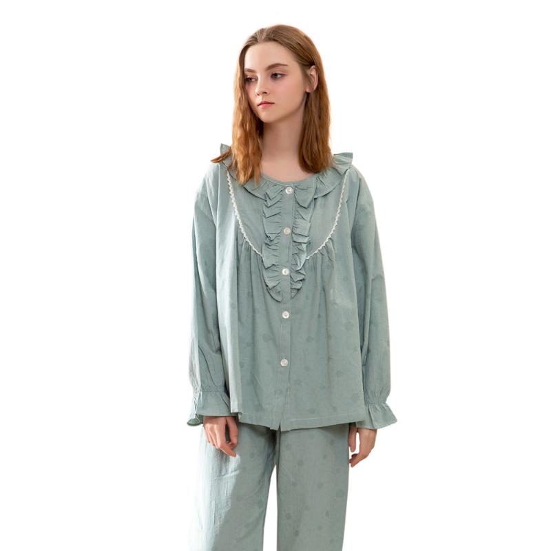 

Pajamas Set Cotton Sleepwear for Women Autumn Spring House Wear Cardigan, Green