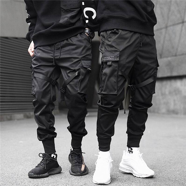 

Men Ribbons Block Black Pocket Cargo Pants Harem Joggers Sweatpant Hop Tatical Trousers