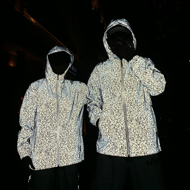 

3XL Men' camouflage Reflective Jacket Light Hoodies Women Jackets Hip Hop Windbreaker Hooded Streetwear Coats Man, Blue