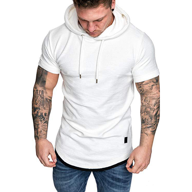 

Men's T-Shirts 2021 Summer Short Sleve Hooded T Shirt Men Solid Color Fashion Hoodie Top Male Slim Fit Tee Tops Camisa Masculina, Black