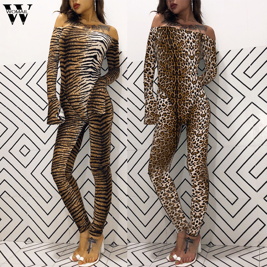 

Woman Jumpsuit Women autumn jumpsuit tiger leopard print off shoulder sexy long sleeve bodycon streetwear Skinny Bodysuit, Co