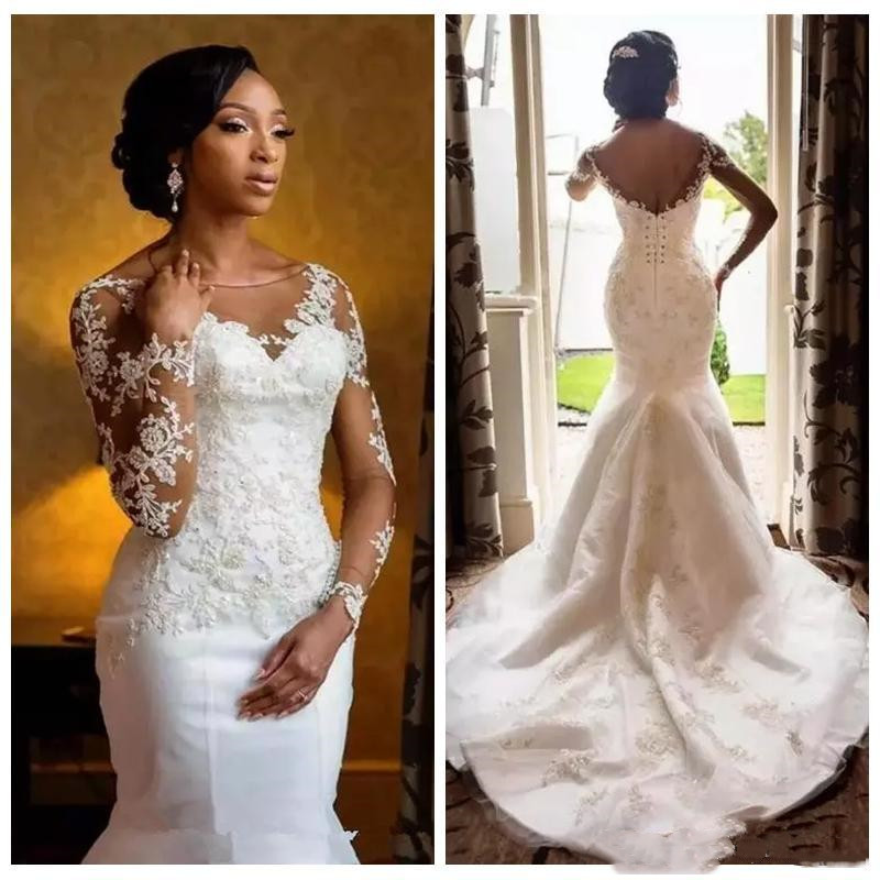 

White Long Sleeve African Country Vintage Mermaid Satin Wedding Dress Bridal Gowns Plus Size With Beads Dresses