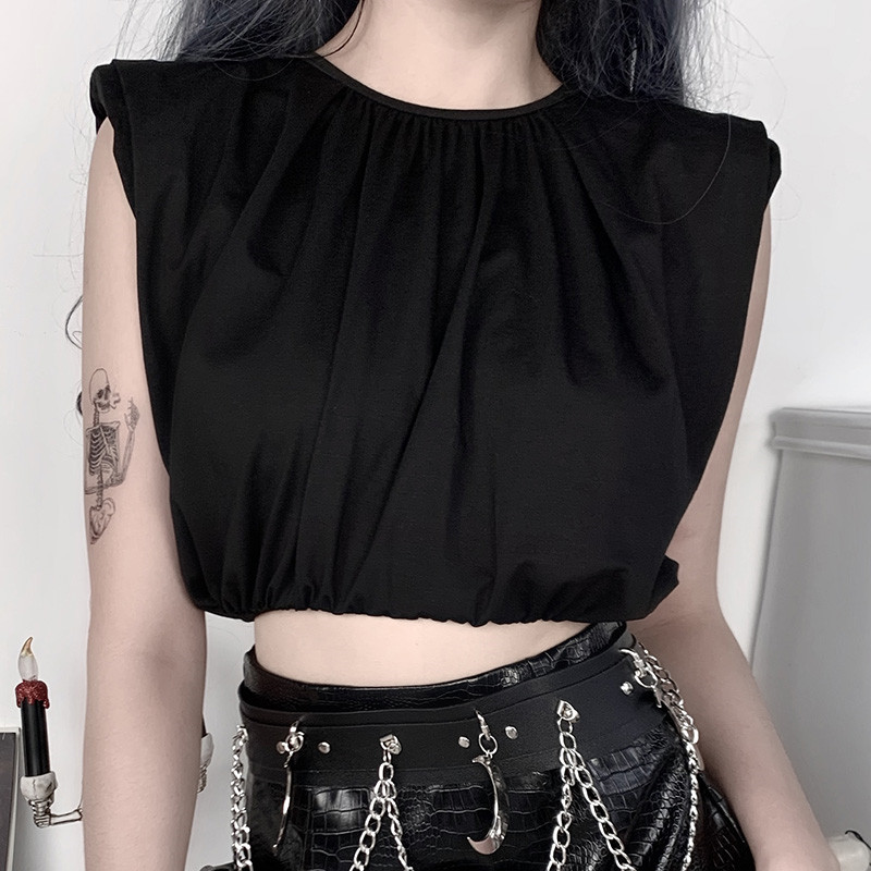 

Summer Women Streetwear Slim Fit Tank tops Ruffle Sleeve Solid Black Club Casual Shirt Top Lady Sexy Elastic high waist Crop top