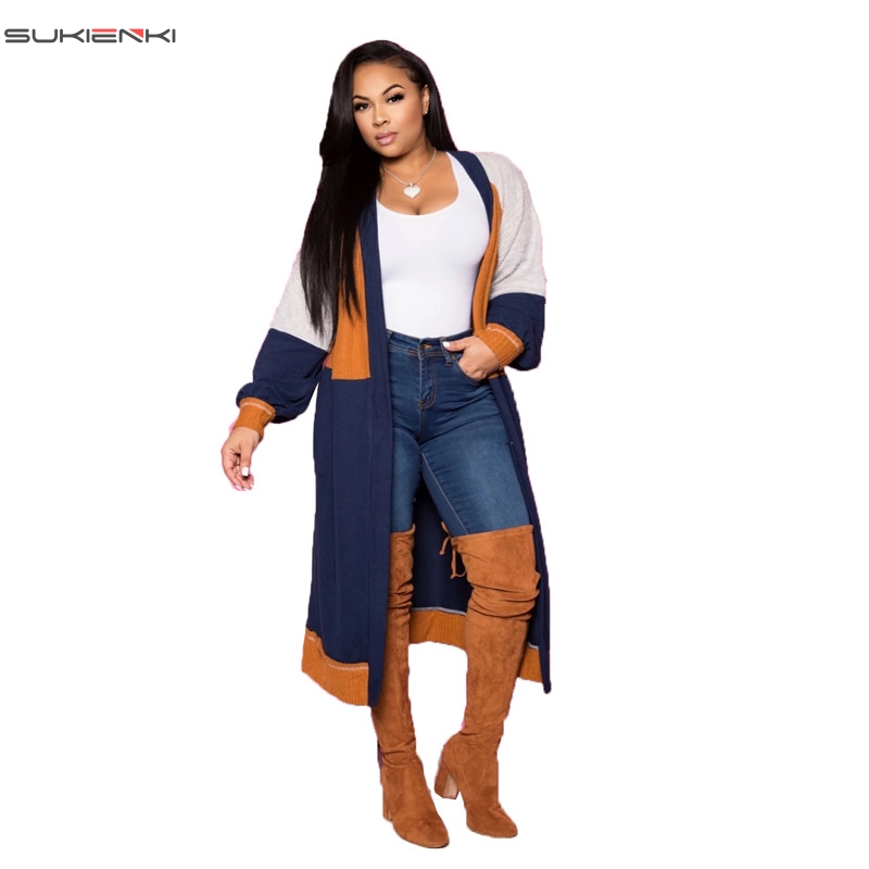 

Hot Women Color Block Knitted Open Front Long Sweater Casual Cardigan Long Sleeve Jacket Coat Outwear Tops Knit Kimono Coats, Black