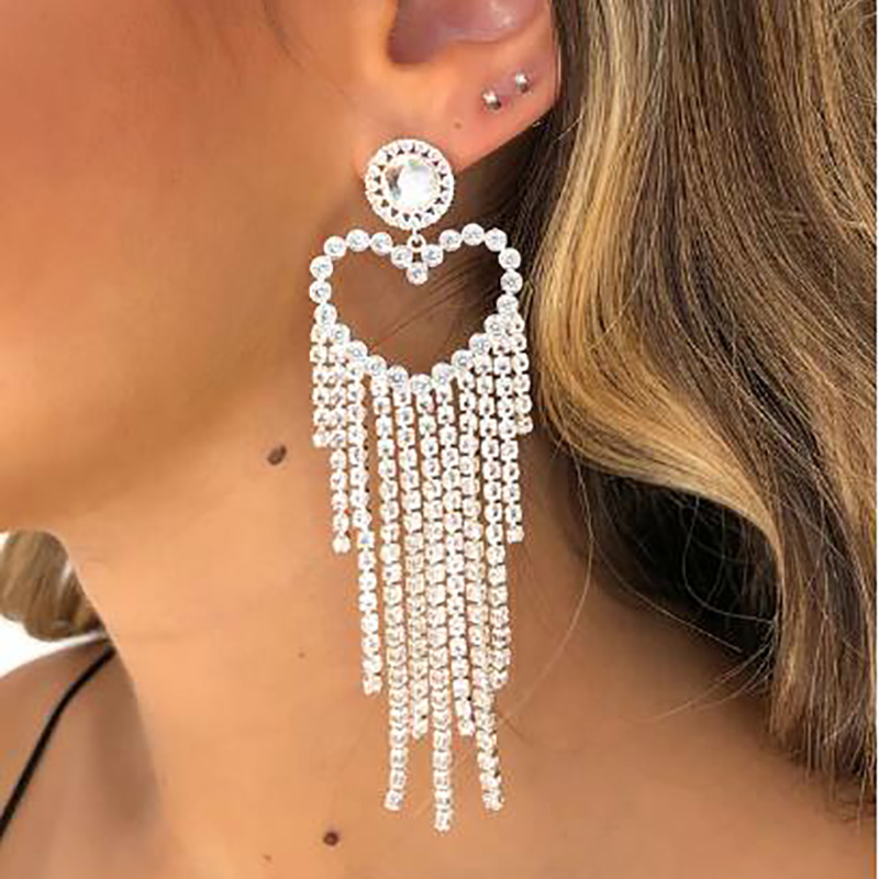 

Dangle & Chandelier StoneFans Fashion Statement Luxury Tassel Heart Earrings For Women Rhinestone Crystal Long Drop Earring Jewelry Wedding