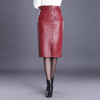

Skirts Falda Cuero Bodycon Ladies 2021 Big Size 4XL Leather Skirt Red Black High Waist Elegant Pencil Women Workwear