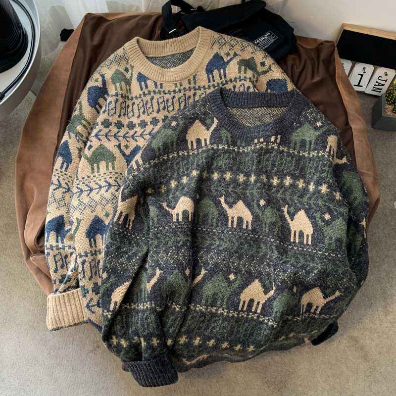 

2019 Autumn And Winter New Men' Youth Popular Loose Round Neck Pullover Fashion Casual Pattern Printed Sweater Dark Gray /Camel, Black grey