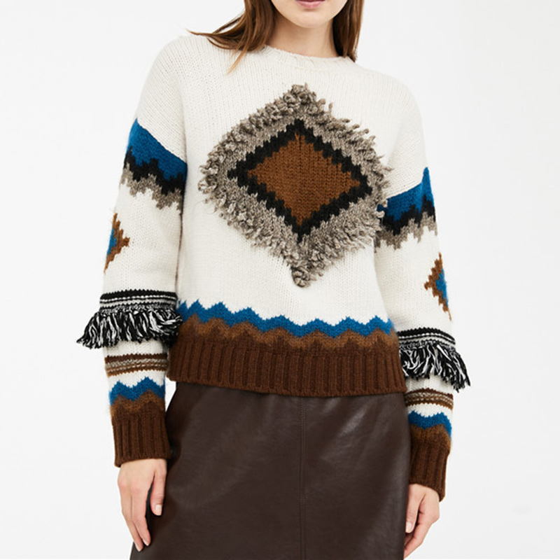 

Women Loose Sweater 2020 Winter New Fashion Bohemian Retro Geometric Pattern Loose Tassel Sweater Women Knitting Pullover, As picture