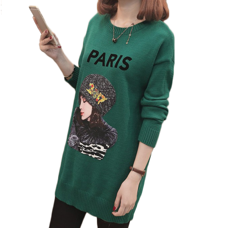 

Spring Autumn Women Sweater Pullover 2019 New Fashion Print Long Sleeve Loose Jumper Knitwear Sweater Female Casual Tops 606, Green