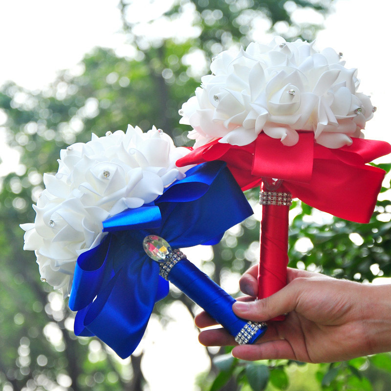 

New European Style Hand Holding Flowers Crystal Silk Ribbon Bride Diamond Hand Holding Flowers Wedding Decoration, Beige