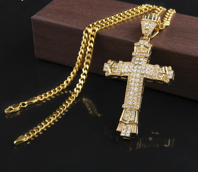 

New Retro Silver Cross Charm Pendant Full Ice Out CZ Simulated Diamonds Catholic Crucifix Pendant Necklace With Long Cuban Chain GB 1491