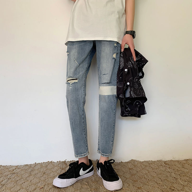 

2020 Summer Men's Slim Fit Stretch Holes Casual Pants Cargo Pocket Skinny Jeans Fashionable Biker Denim Blue Color Trousers