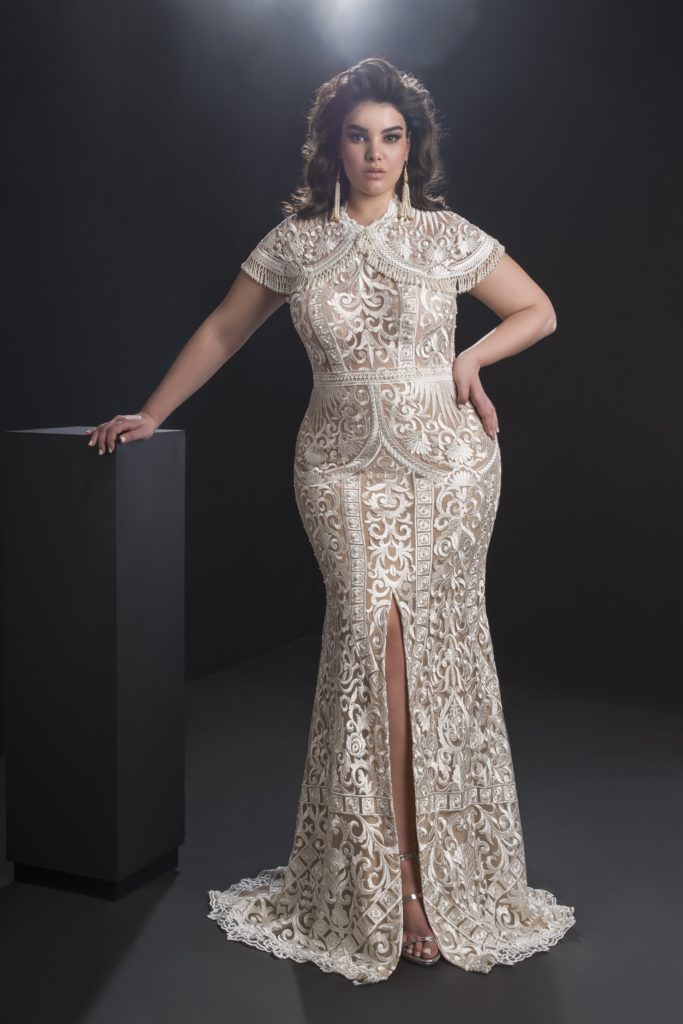 

Plus Size Mermaid Wedding Dresses High Neck Appliqued Capped Sleeves Bridal Gowns Sheer Back Split Ruffle Sweep Train Vestidos De Novia, Lavender