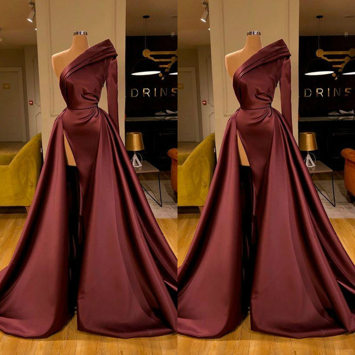 

2020 Sexy Burgundy Satin Prom Dress Arabic One Shoulder Long Sleeves Plus Size Evening Gown High Side Split Formal Wear, Champagne