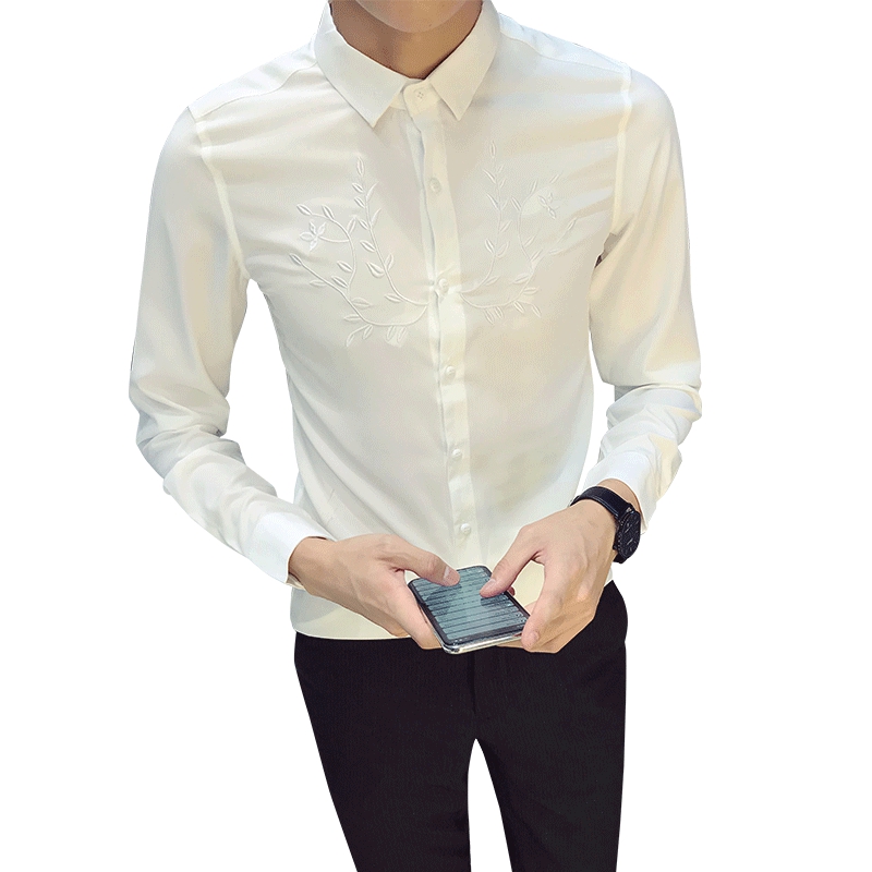 

2018 Brand Embroidery Dress Shirt Men Long Sleeve Big Size Cotton Dress Formal Shirts Men Party Club Shirt Mens Clothes, Tuexdo shirt black