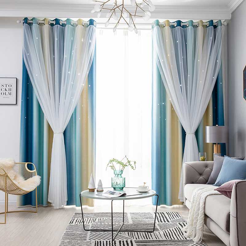 

Double Layer Blackout Curtains Star Cutout For Living Room Jinya Home Decor Rainbow Color Window Curtain Panels For Baby Bedroom, Blue