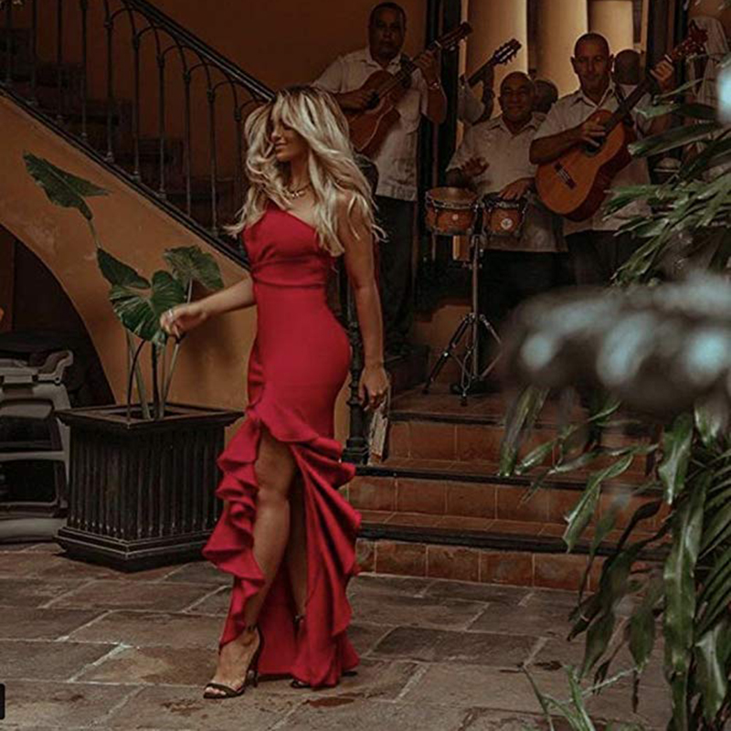 

2020 Unique One Shoulder Long Evening Dresses Split Slit Skirt Dubai Saudi Arabic Long Elegant Mermaid Evening Dress Prom Dresses, Yellow