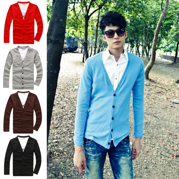 

High Quality Men Long Sleeves Knitwear Slim Fit V-neck Cardigan Sweater, Blue