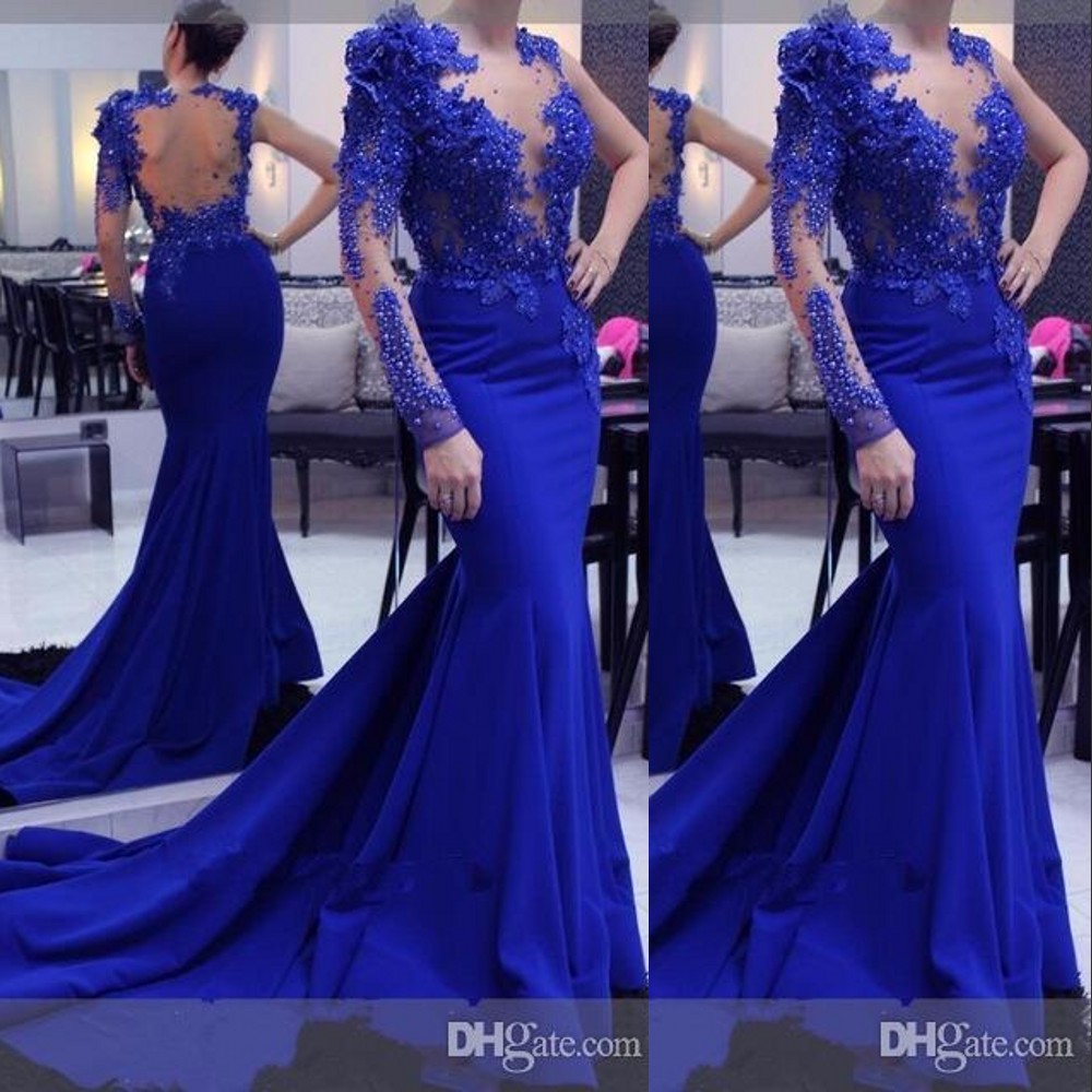 Royal Blue Mermaid Prom Dresses One Shoulder Long Sleeve Lace Appliques Illusion Crystal Beaded Flowers Open Back Party Dress Evening Gowns