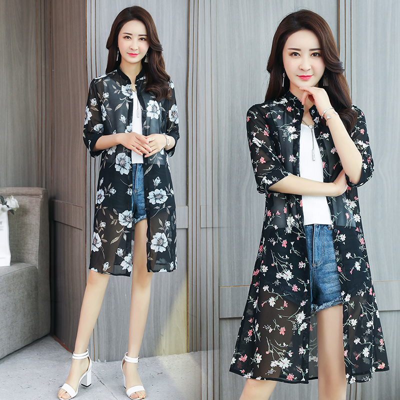 

Women Floral Printed Chiffon Shirt Summer Long Chiffon Cardigan Lady Clothes Sun Protection Shirt Half Sleeve, Red