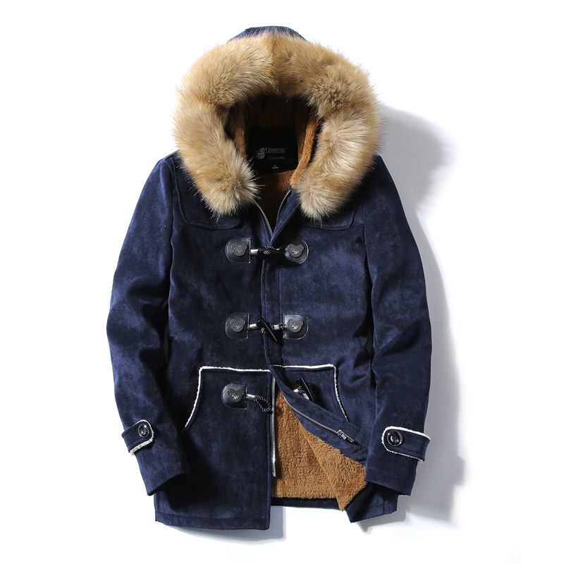 

Autumn and Winter Fur Collar Horn Buckle Deer Velvet Leather Coat Men' Long Section Slim Thick Warm Youth Cotton Jacket BY261, Gray