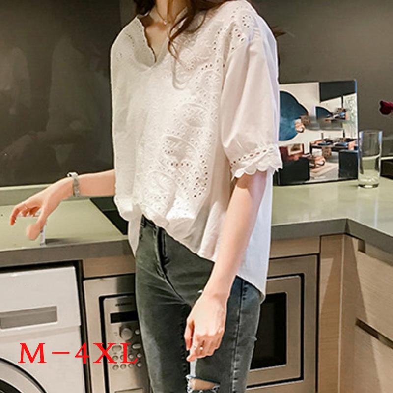 

Womens Shirts For Women Summer Fashion Women Hollow Out Lace V-neck Short Sleeve Plus Size Solid Top Shirt#G30, White