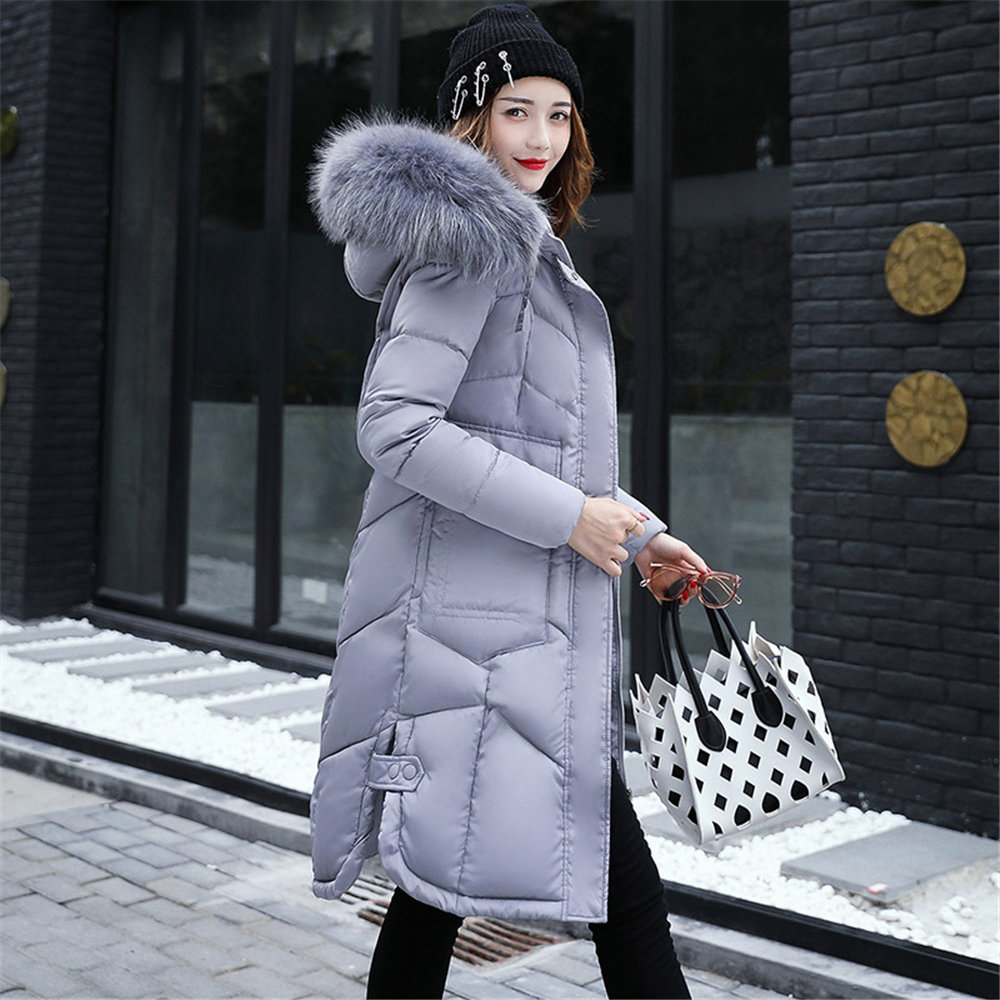 

Helisopus New Korean Style Cotton Padded Jacket with Furry Hooded Winter Slim Down Jacket Female Solid Plus Size Warm Parkas, Dark gray