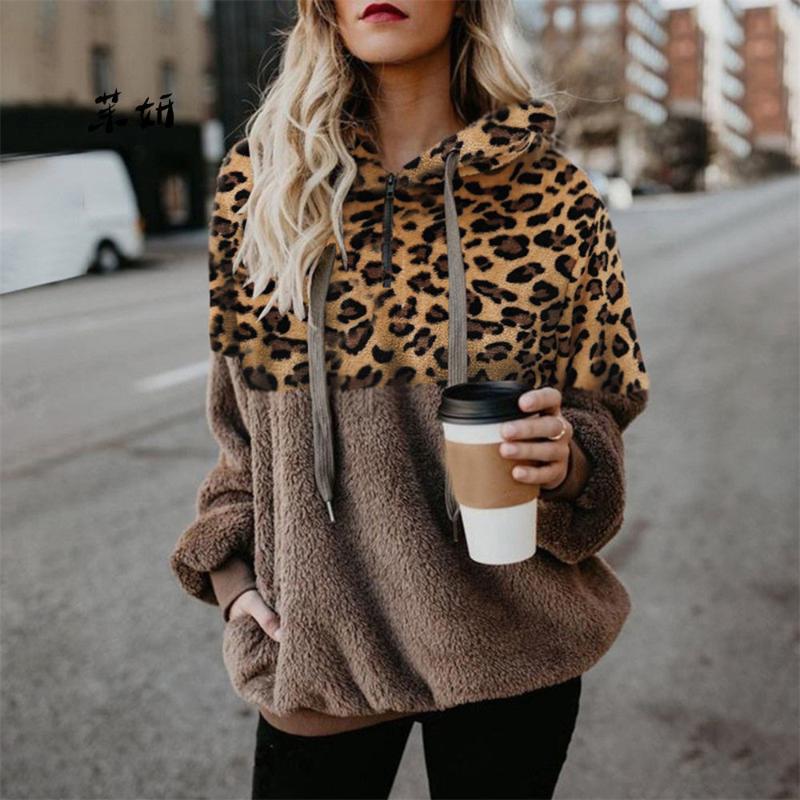 

Women' Sweaters Leopard Teddy Sweater Hooded Oversized Sherpa Pullover Plus Size 5XL Fluffy Feece Female Warm Streetwear, Black