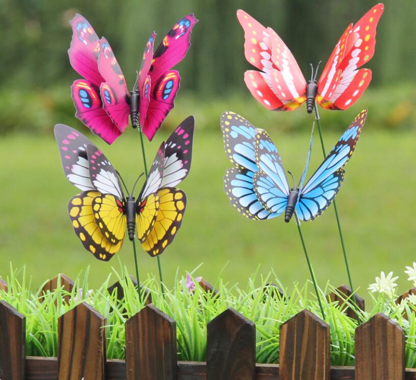 

12cm Colorful Two Layer Feather Big Butterfly Stakes Garden Ornaments & Party Supplies Decorations for Outdoor Garden Fake Insects free ship